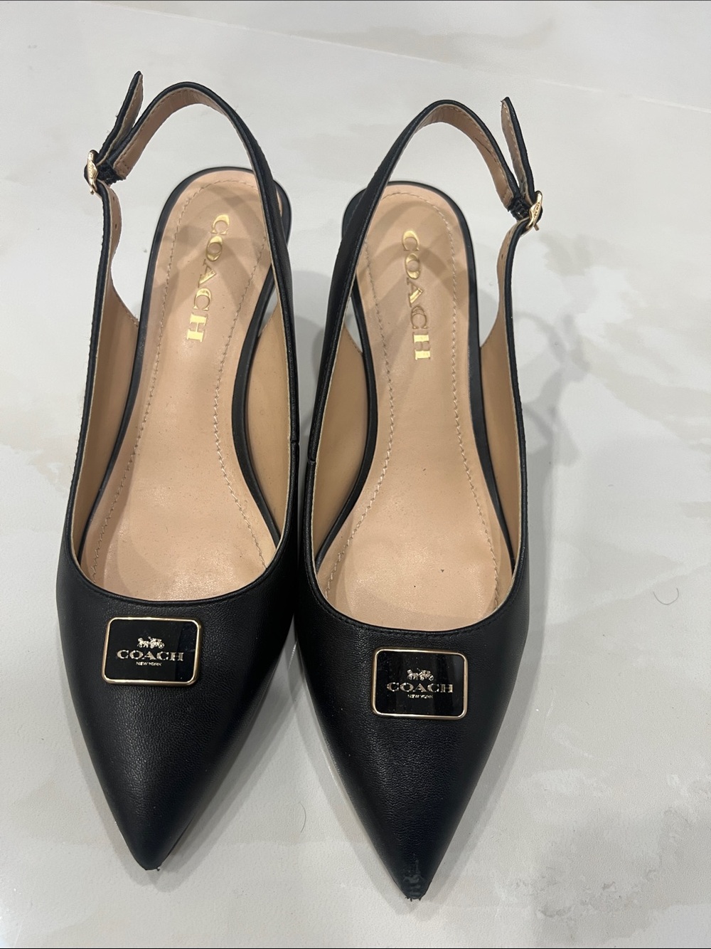 Coach Black Leather Pointed Slingback Mules with Gold Plaque